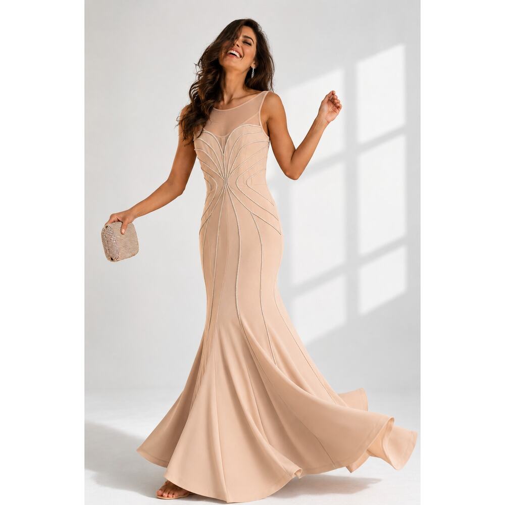 VFSHOW Champagne Geometric Mermaid Formal Gown Mesh Illusion Maxi Dress LARGE